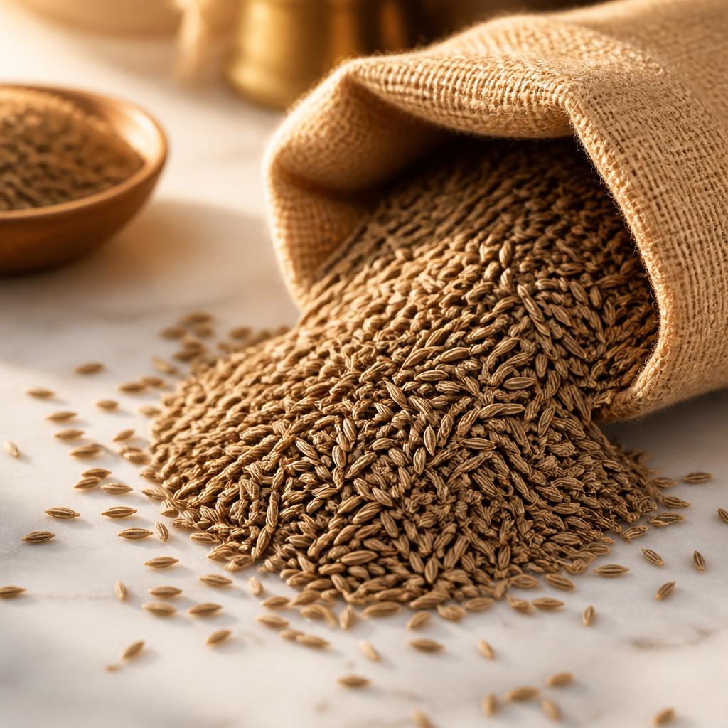 Naviora cumin seeds spilling from a burlap sack